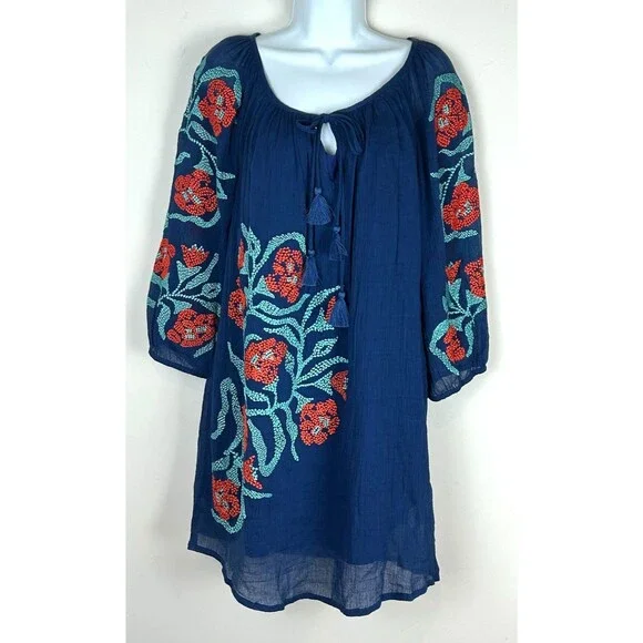 Trina Turk Blue Embroidered Boho Cotton Lined Floral Tunic Dress Size 6 NEW - Picture 14 of 15